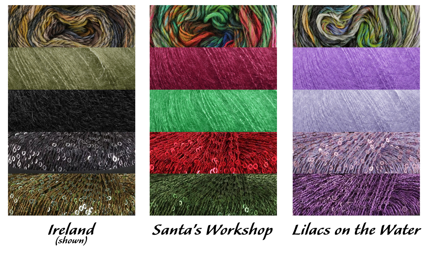 Yarn colorways for the Falling wrap, featuring coordinated combinations of Colorissimo wool, Sesia Vivienne silk mohair, and sparkling Glamour yarn.
